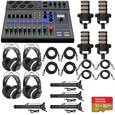 Zoom LiveTrak L-8 Mixer and Recorder w/4x PodMic, 4x Broadcast Arm,4x Headphones