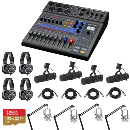 Zoom LiveTrak L-8 Portable 8-Channel Digital Mixer and Multitrack Recorder Bundle with 4x SM7B Microphone, 4x ATH-M40x Headphones, 4x Broadcast Arm, 4x XLR M to F Cable, 32GB microSD Card