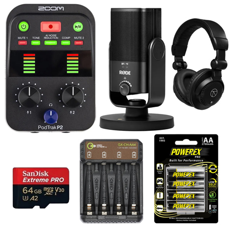Zoom PodTrak P2 Dual USB Mic Recorder for Podcasters, Bundle with Microphone, Headphones, 64GB microSDXC Memory Card, 4x AA NiMH Batteries, Charger