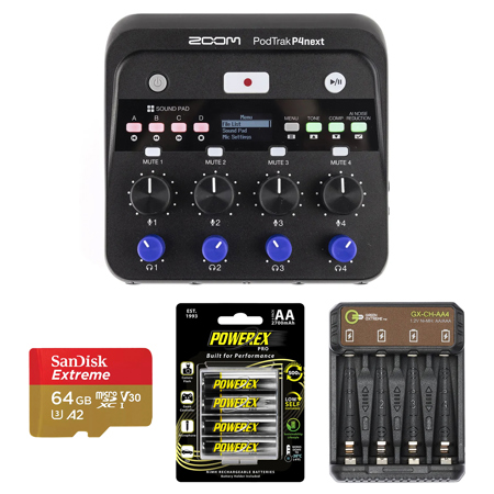 Zoom PodTrak P4next Podcast Recorder, Bundle with 64GB microSDXC Memory Card, 4x NiHM Batteries and 4-Bay Charger