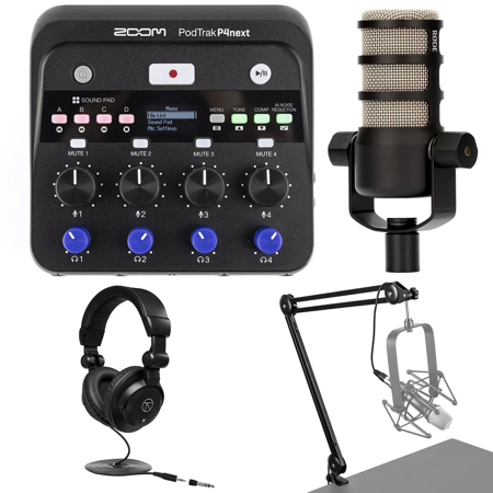 Zoom PodTrak P4next Podcast Recorder, Bundle with Podcasting Microphone, Broadcast Arm and TAPH100 Headphones
