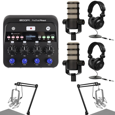 Zoom PodTrak P4next Podcast Recorder, Bundle with 2x Podcasting Microphone, 2x Broadcast Arm and 2x TAPH100 Headphones
