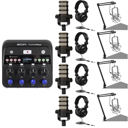 Zoom PodTrak P4next Podcast Recorder, Bundle with 4x Podcasting Microphone, 4x Broadcast Arm and 4x TAPH100 Headphones