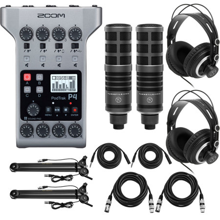 Zoom PodTrak P4 Podcast Recorder, Bundle with 2x Turnstile Audio TAP300 Broadcast Microphones and 2x H&A Broadcast Arm
