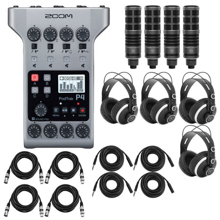 Zoom PodTrak P4 Podcast Recorder, Bundle with 4x Turnstile Audio TAP300 Broadcast Microphones and 4x On-Stage DS7200B Mic Stand