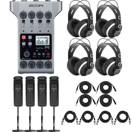 Zoom PodTrak P4 Podcast Recorder, Bundle with 4x Turnstile Audio TAP500 Broadcast Microphones and 4x On-Stage DS7200B Mic Stand