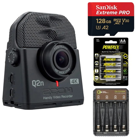 Zoom Q2n-4K Handy Video Recorder, Bundle with 128GB microSDXC Memory Card, 4x AA NiMH Batteries and 4-Bay Charger