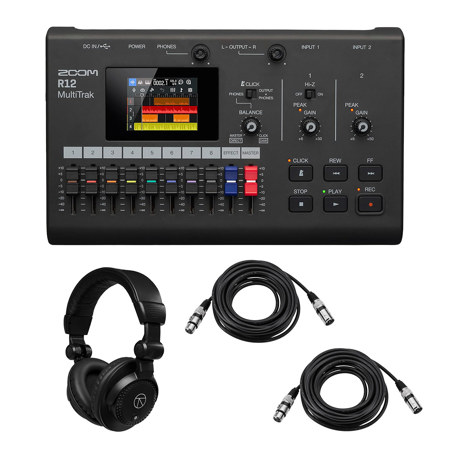 Zoom R12 MultiTrak Portable Digital Recorder and Control Surface, Bundle with TAPH100 Closed-Back Studio Monitor Headphones, 2x 25' Microphone Cable