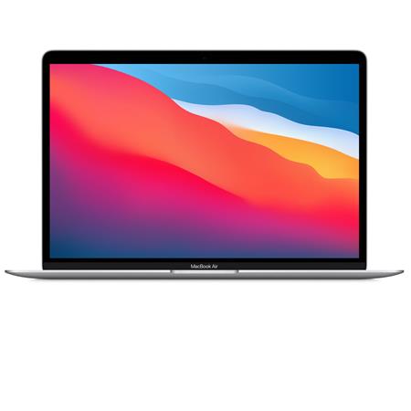 A silver and black 13.3-inch Apple Macbook Air Laptop with an abstract mountain screensaver full of red, blue, purple, orange, and white colors