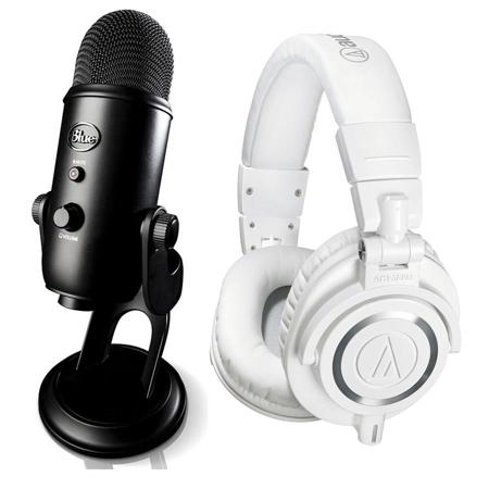 Audio-Technica ATH-M50x Pro Monitor Headphones, White w/Blue Mic YETI USB Mic ATH-M50XWH J