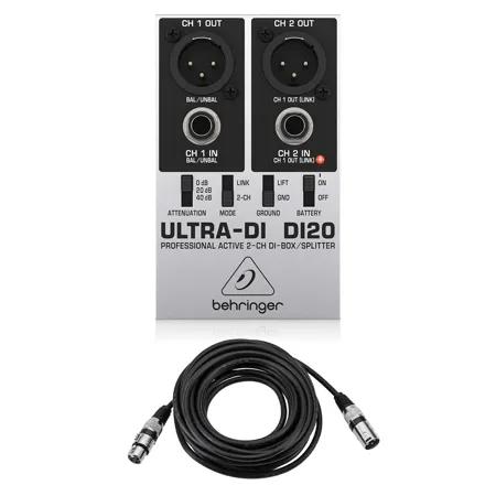 Behringer Ultra-DI DI20 Active 2-Channel DI-Box/Splitter, w/25' XLR Mic Cable
