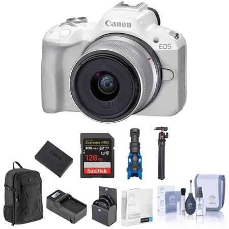 Canon EOS R50 Camera, White with RF-S 18-45mm f/4.5-6.3 Lens and