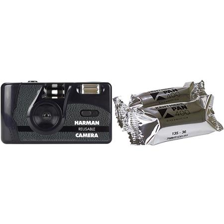 adorama.com | Harman Reusable 35mm Camera with Flash + 2x Rolls of Kentmere Pan 400 Black & White 36 Exposure Film