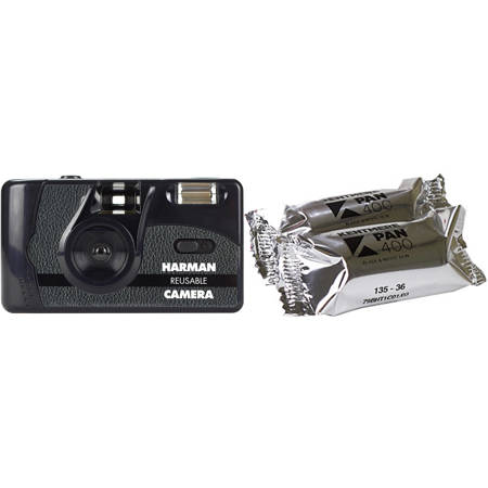 adorama.com | Harman Reusable 35mm Camera with Flash + 2x Rolls of Kentmere Pan 400 Black & White 36 Exposure Film