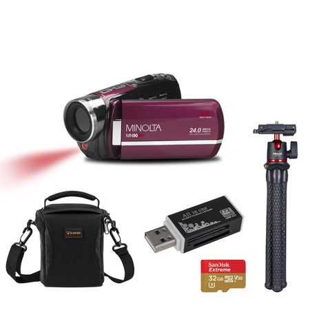 Minolta MN90NV 24MP Full HD Night Vision Camcorder, Maroon with Accessories Kit