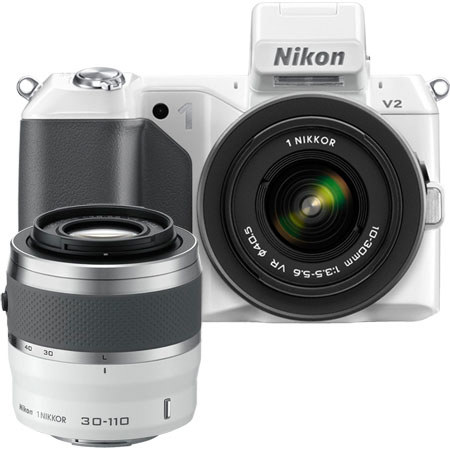 Nikon 1 V2 Mirrorless Digital Camera Two Lens Zoom Kit with Nikon 1 10-30mm VR Zoom Lens and Nikon 1 30-110mm VR Zoom Lens - White