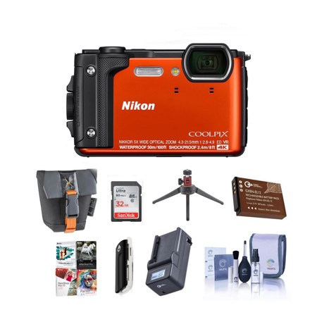 Nikon Coolpix W300 Point & Shoot Camera, Orange - Bundle with 32GB SDHC Card, Camera Case, Spare Battery, Table Top Tripod, Compact Charger, Card Reader, Cleaning Kit, Software Package