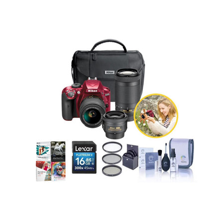 Nikon D3400 DSLR with 35/1.8, 18-55mm DX VR and 70-300mm ED Lenses, Red