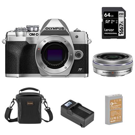 Olympus OM-D E-M10 Mark IV Camera with 14-42mm EZ Lens, Silver  w/Accessories Kit