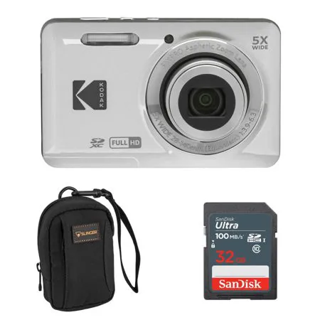 Kodak PIXPRO FZ55 Friendly Zoom Digital Camera, Silver With SD Card & Camera Bag