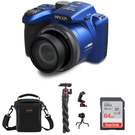 Minolta MN40Z 20MP FHD Camera w/40x Zoom, Blue, with MT-11 Tripod