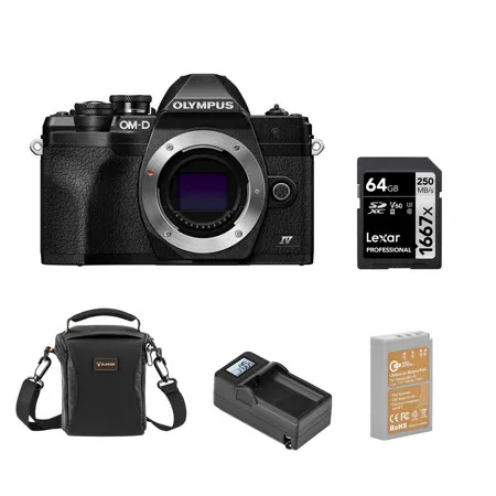 Olympus OM-D E-M10 Mark IV Camera, Black, Bundle with Essentials