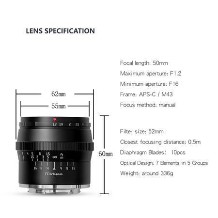 TTartisan 50mm F1.2 APS-C Large Aperture Manual Focus Fixed Lens Compatible with Fuji X-Mount Camera with Lens Hood