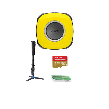 Vuze 3D 360 Spherical VR 4K Camera (Yellow) Bundle With Benro A38FD  Section Aluminum Monopod, 64GB MicroSDXC Card, Card Reader