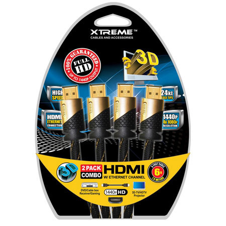Xtreme Cables 6Ft Gold and Braided HDMI Cable, 2-Pack