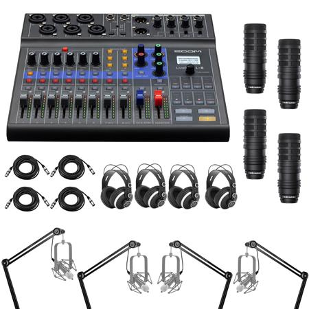 Windscreen and Stand 64GB Memory Card Cables – Deluxe Podcasting Bundle Zoom LiveTrak L-8 Portable 8-Channel Digital Mixer and Multitrack Recorder Zoom ZDM-1 Mic with Headphones 