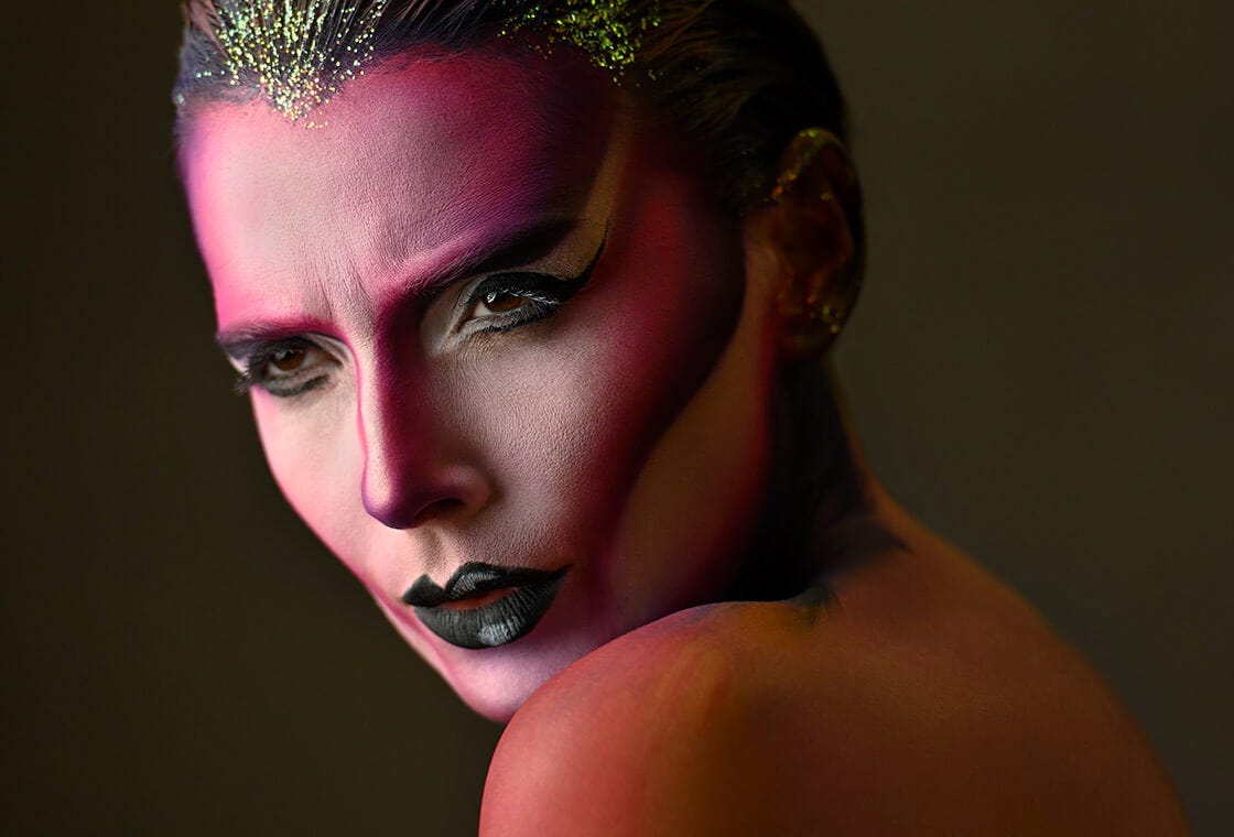 model wearing avante garde makeup taken using nikon lens with Mount Adapter FTZ