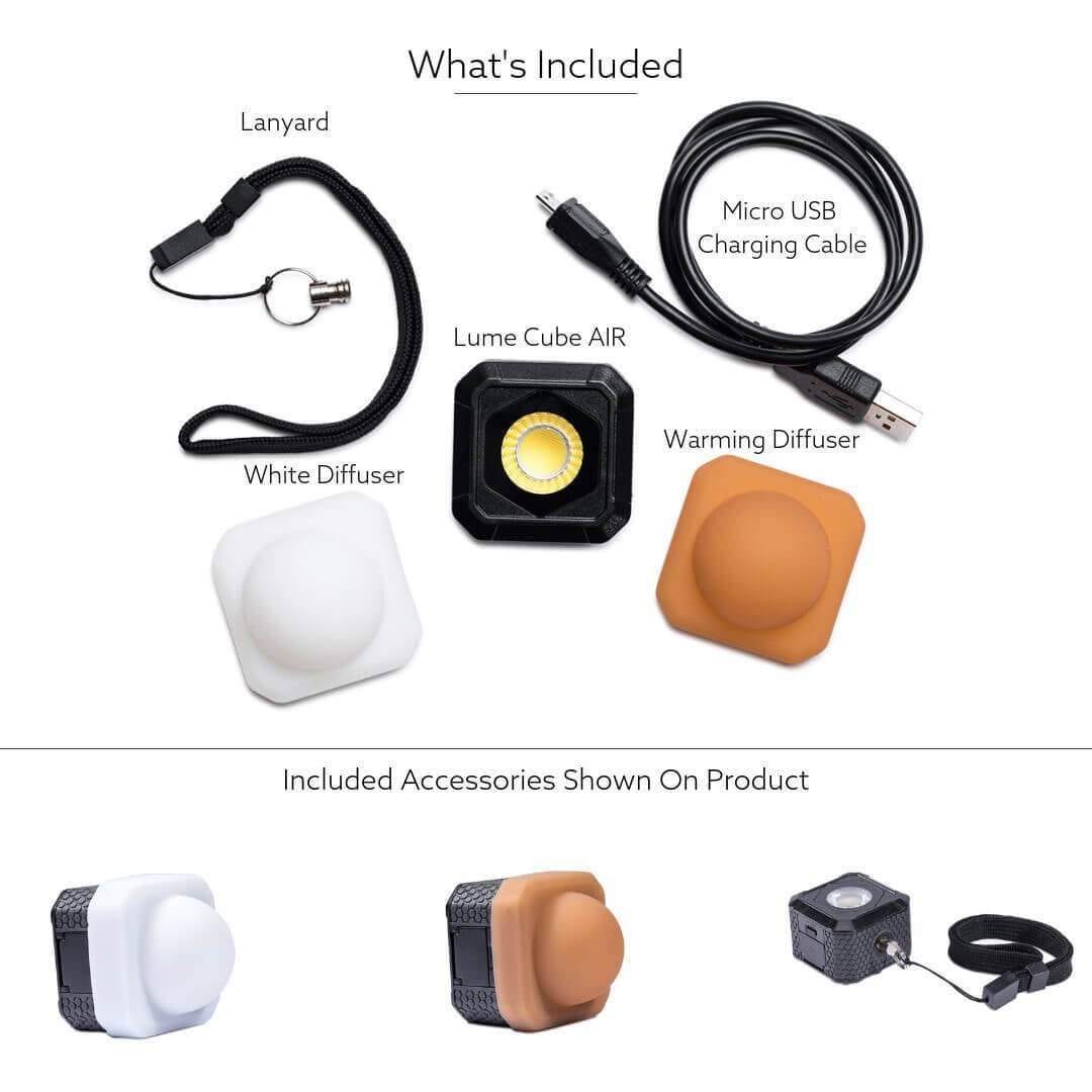Lume Cube AIR with Diffusion Bulbs & Lanyard W/Lume Cube Hot Shoe Mount w/ Stand LCAIR11 E