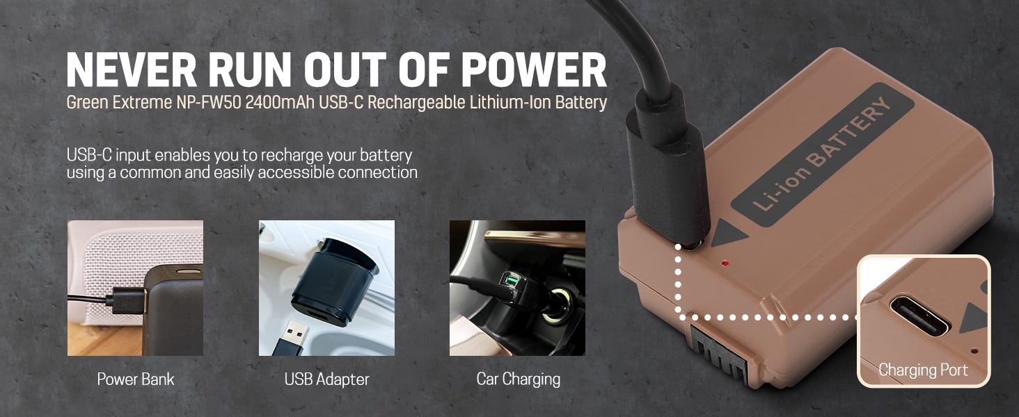 Green Extreme NP-FW50 2400mAh USB-C Rechargeable Lithium-Ion Battery