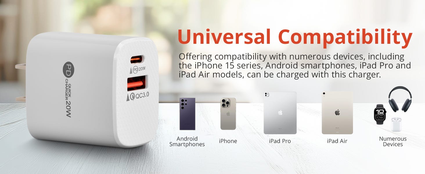  20W 2-Port USB-C/USB-A Wall Charger