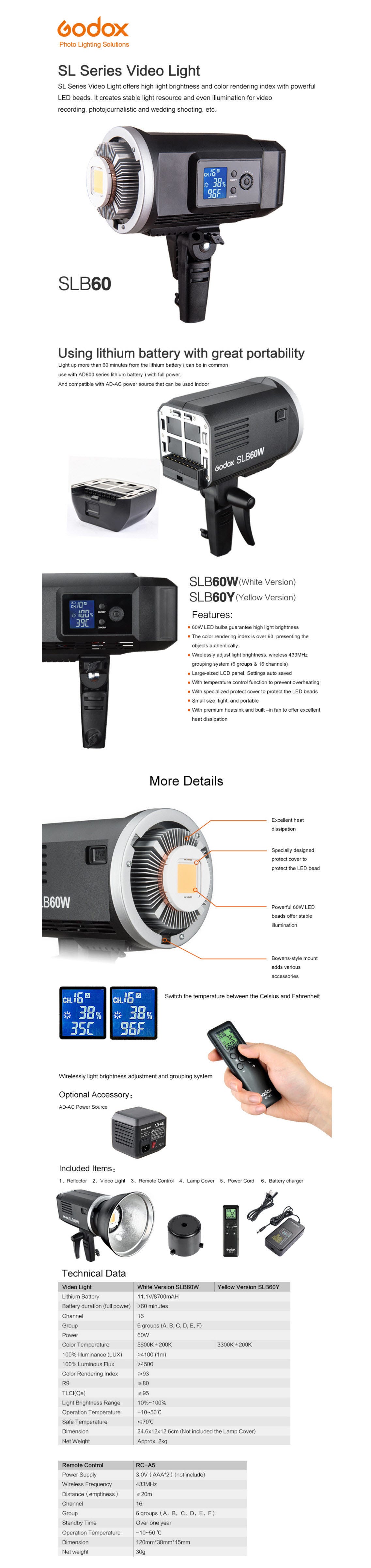 Godox SL Series SLB60W 60W BatteryOperated White LED Video Light, 5600K