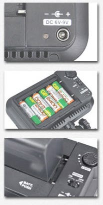 AA batteries, DC supply and lithium battery powered Video Light.