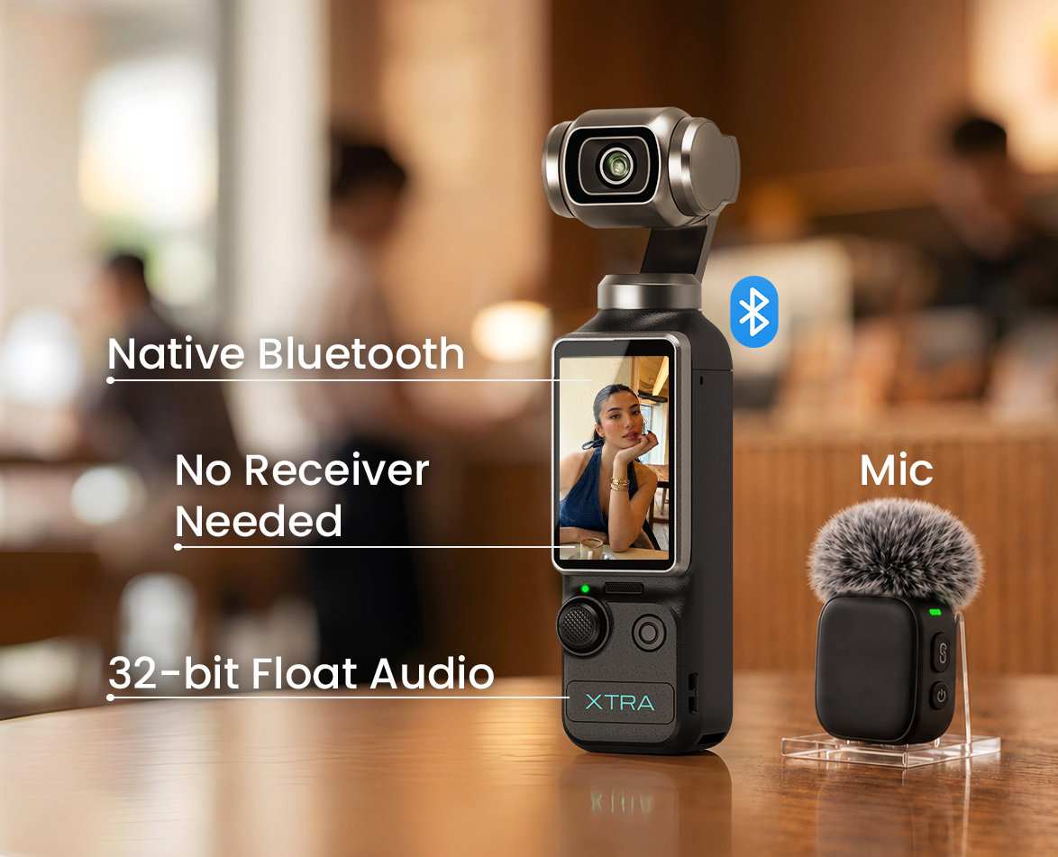 XTRA EDGE Muse 4K Action Camera connected to microphone