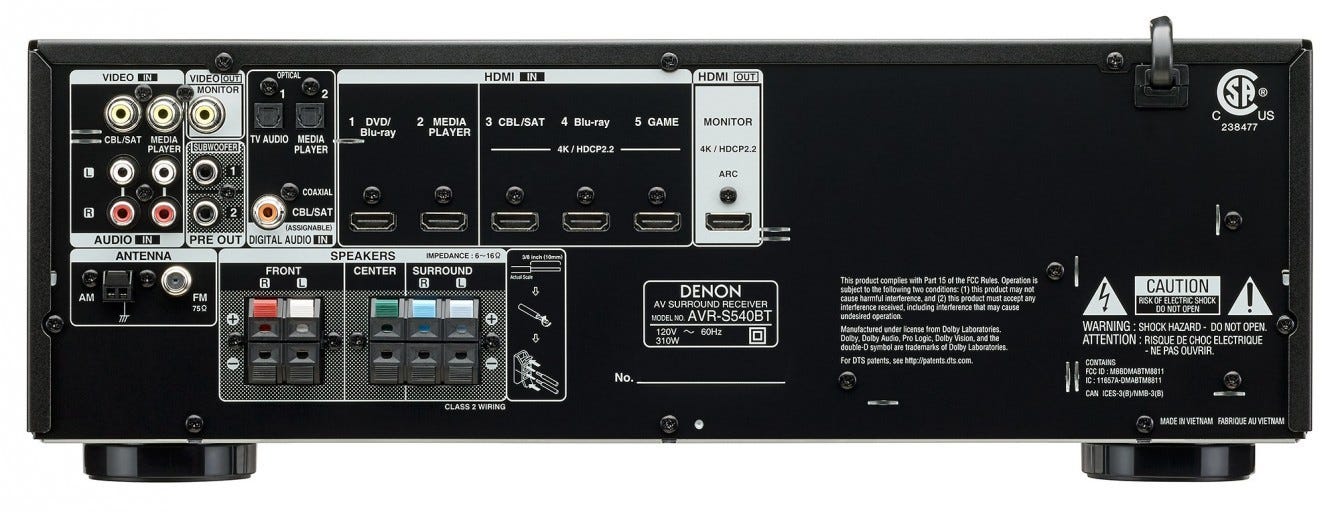Denon AVRS540BT 5.2 Channel 4K UHD AV Receiver with Bluetooth and