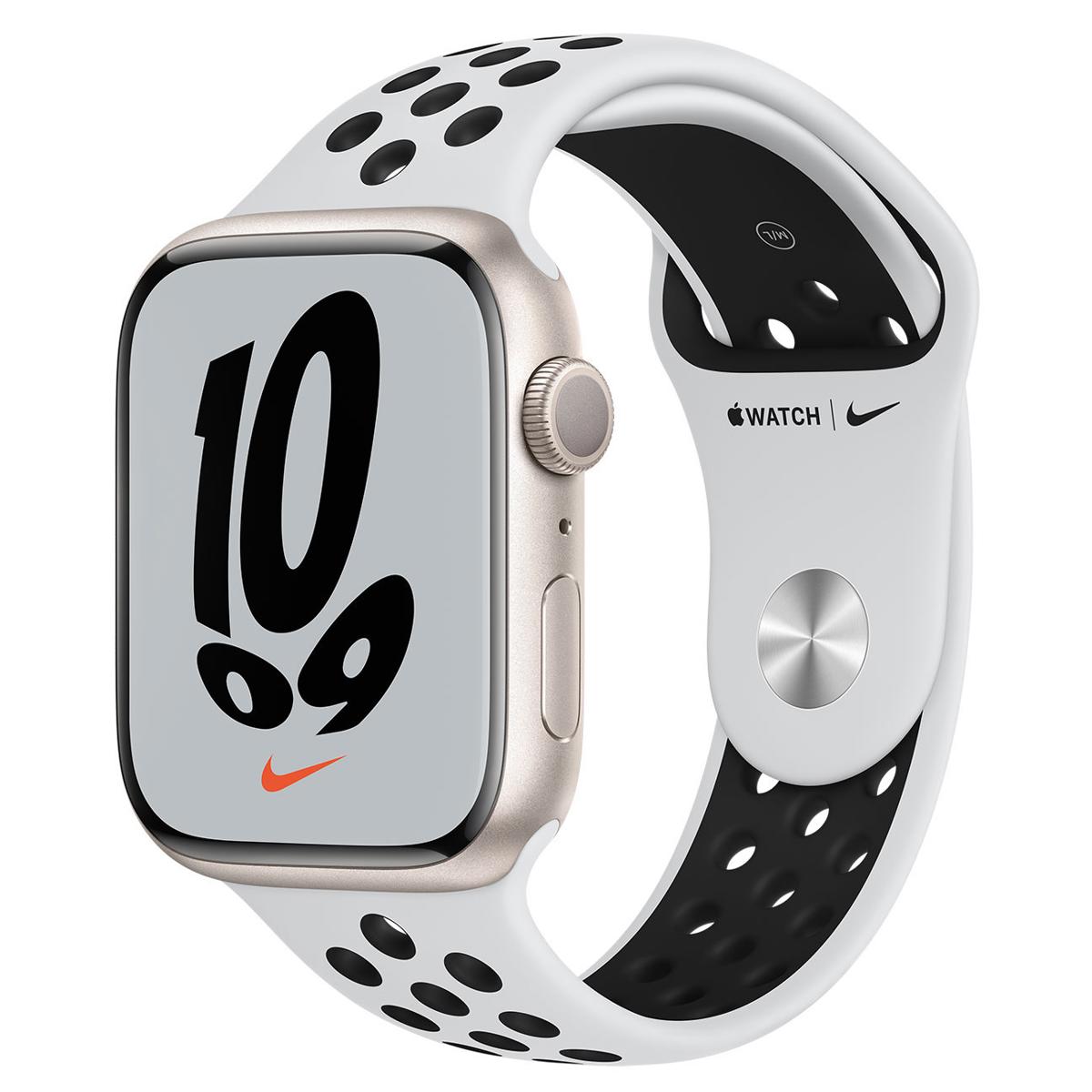 

Apple Watch Nike 7 GPS, 45mm Starlight AL Case, Platinum/Black Sport Band, Reg