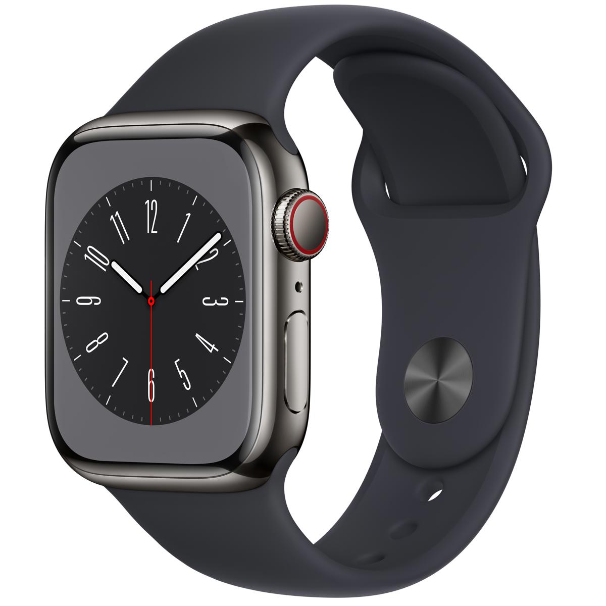 

Apple Watch Series 8 GPS+Cell, 41mm Graphite SS Case w/Midnight Sport Band, S/M