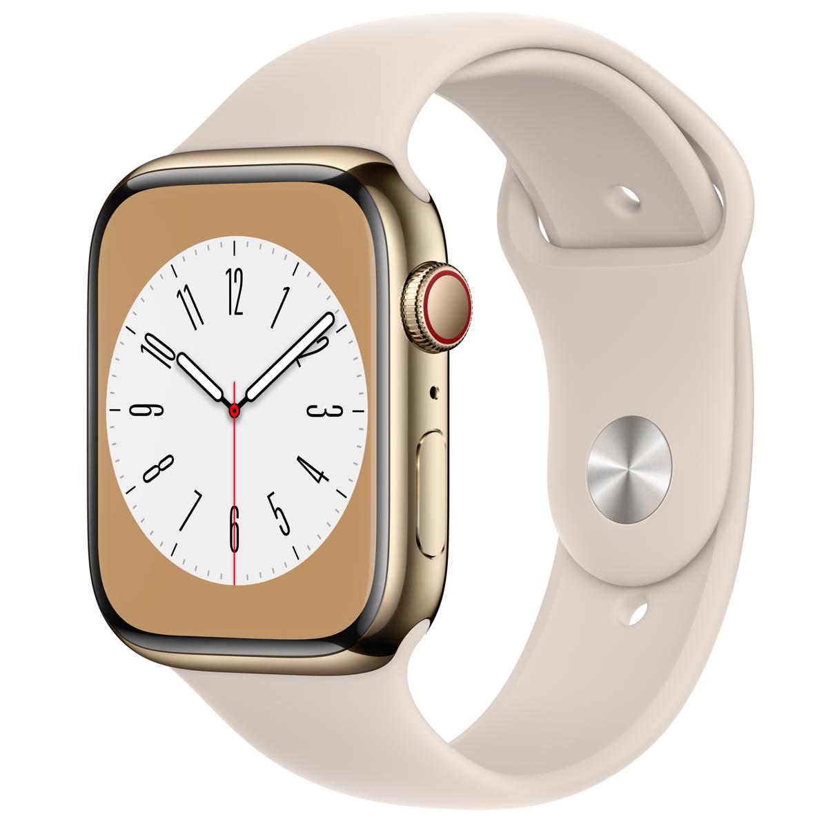 

Apple Watch Series 8 GPS+Cell, 45mm Gold SS Case with Starlight Sport Band, S/M