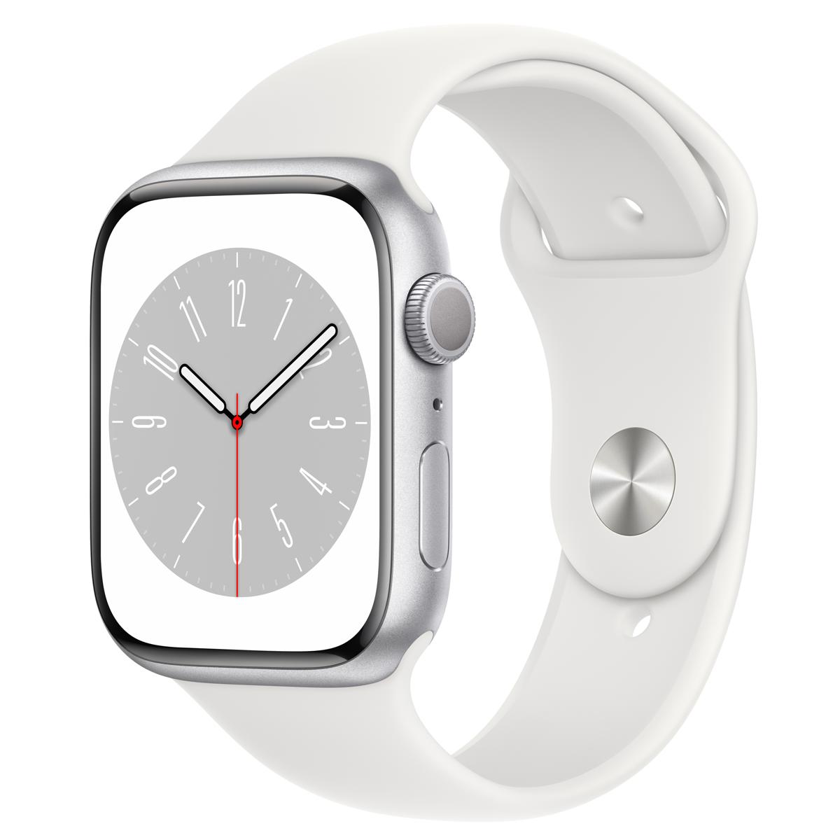 

Apple Watch Series 8 GPS, 45mm Silver AL Case w/White Sport Band, Medium/Large