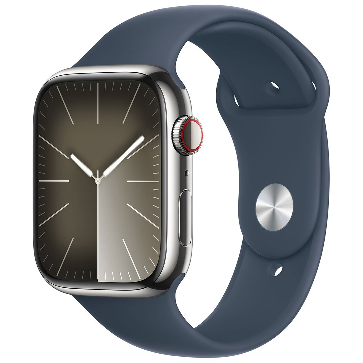 

Apple Watch Series 9 GPS + Cellular Stainless Steel Case, Small/Medium Strap Storm Blue Sport Band Silver Case 41mm