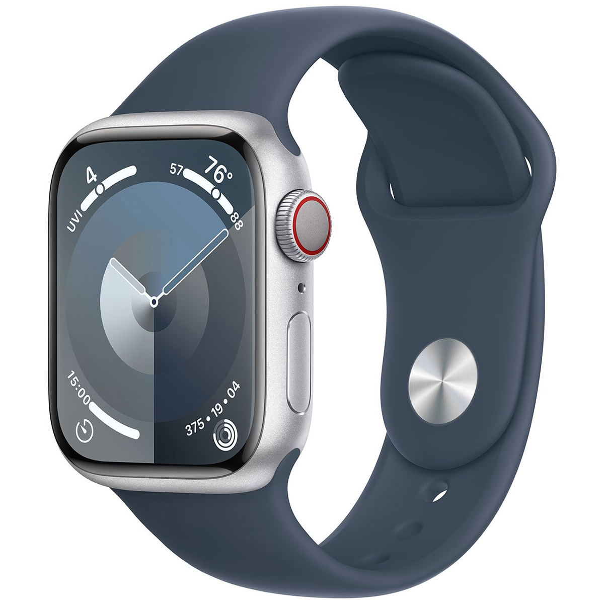 

Apple Watch Series 9 GPS + Cellular Aluminum Case, Medium/Large Strap Storm Blue Sport Band Silver Case 45mm