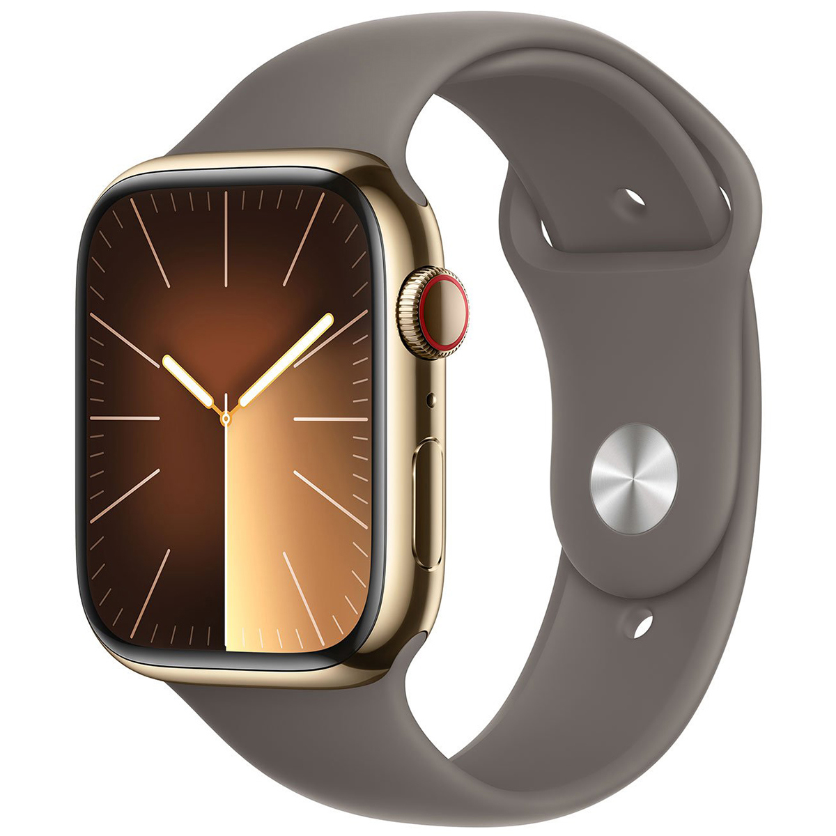 

Apple Watch Series 9 GPS + Cellular Stainless Steel Case, Small/Medium Strap Clay Sport Band Gold Case 45mm