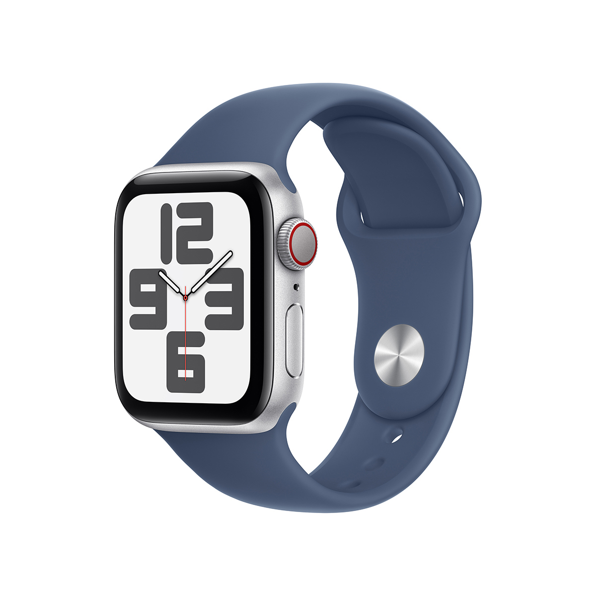 Image of Apple Watch SE GPS + Cellular Aluminum Case (2024) Medium/Large Denim Sport Band Silver 40mm