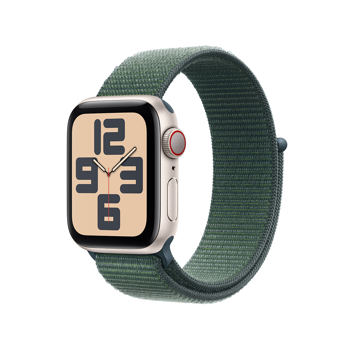 Image of Apple Watch SE GPS + Cellular Aluminum Case (2024) Adjustable Strap Lake Green Sport Loop Starlight 40mm