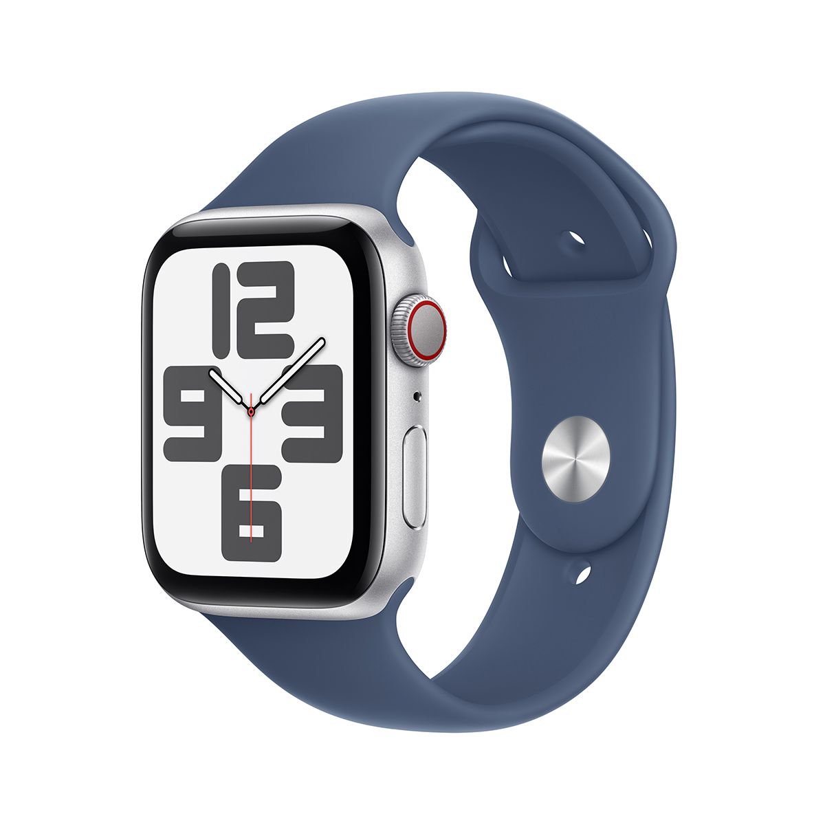Image of Apple Watch SE GPS + Cellular Aluminum Case (2024) Small/Medium Denim Sport Band Silver 44mm