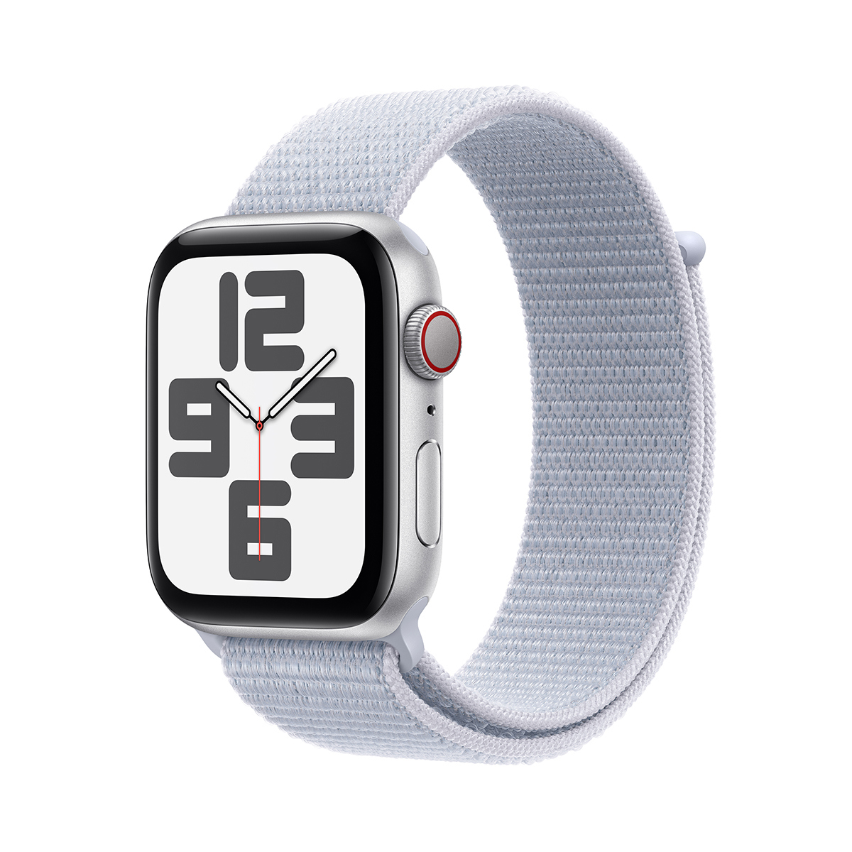 Image of Apple Watch SE GPS + Cellular Aluminum Case (2024) Adjustable Strap Blue Cloud Sport Loop Silver 44mm