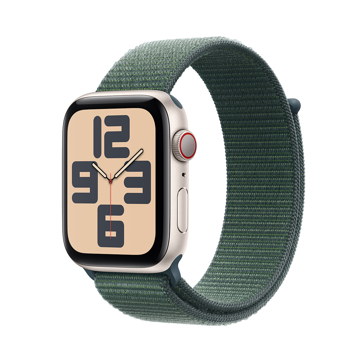 Image of Apple Watch SE GPS + Cellular Aluminum Case (2024) Adjustable Strap Lake Green Sport Loop Starlight 44mm